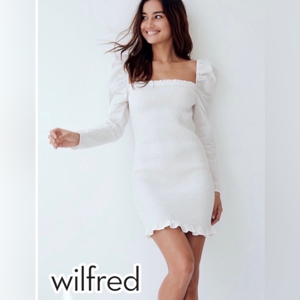 Aritzia Wilfred Smocked Maelys White Ruched Ruffle Dress